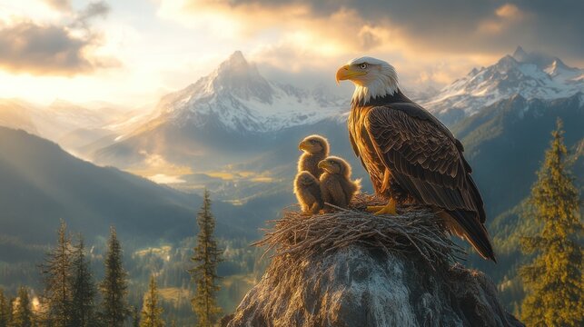 Majestic Bald Eagle with its Offspring overlooking a Breathtaking Mountain Landscape at Sunrise