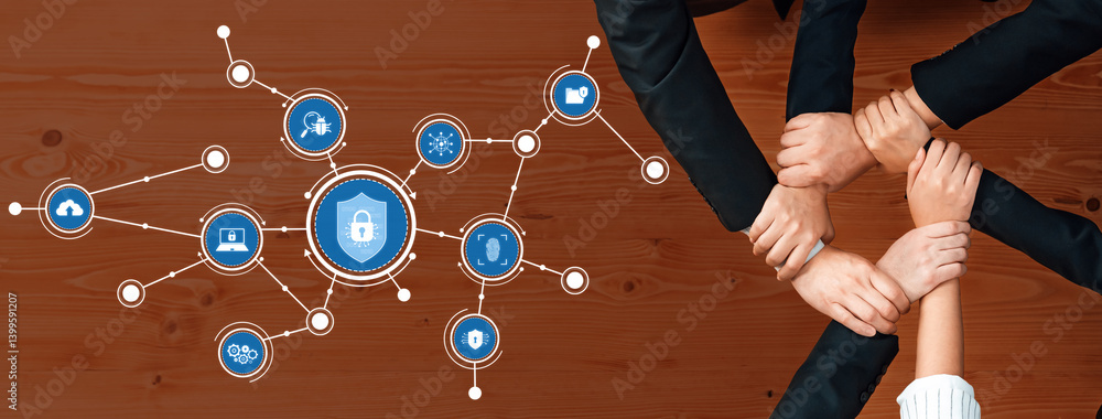 Poster this image conveys the essence of teamwork in cybersecurity, showcasing hands joining to form a unit