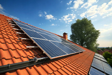 Harnessing the sun's energy: A home embracing sustainable living with solar panels on a terracotta roof under a bright blue sky.
