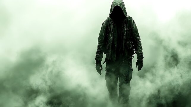 Mysterious Figure: A solitary figure cloaked in shadows, shrouded in an eerie, misty atmosphere, evokes a sense of intrigue and suspense. The figure stands in an uncertain landscape. 