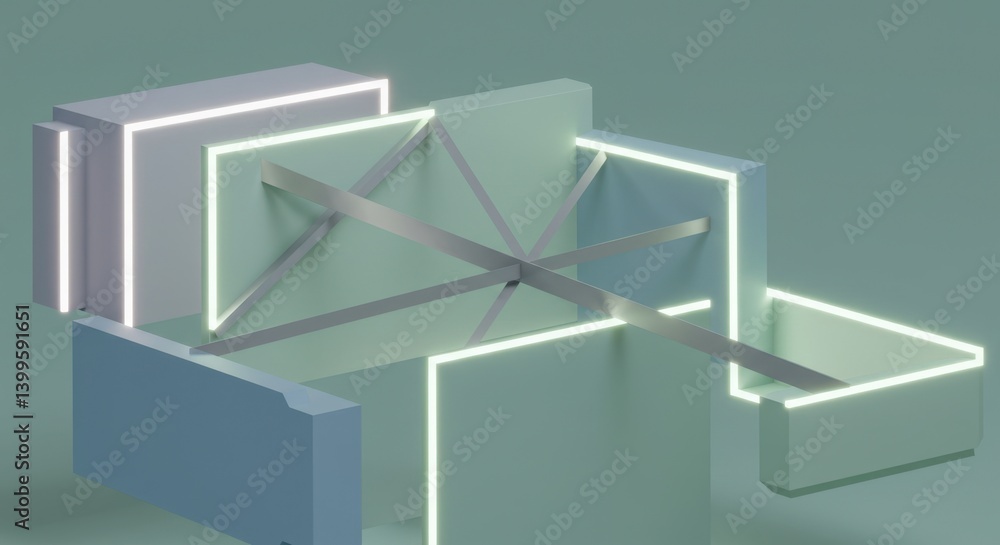 Poster abstract 3d render: geometric shapes with neon accents and interlocking structures, minimalist desig