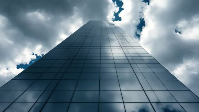 Skyscraper reflection towering under dramatic clouds  