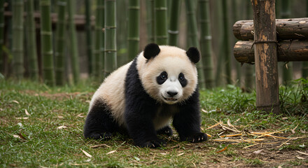 Obraz premium Panda bear relaxing and eating bamboo in a bamboo forest, displaying its iconic black and white pattern and calm demeanor in its natural environment during daytime.