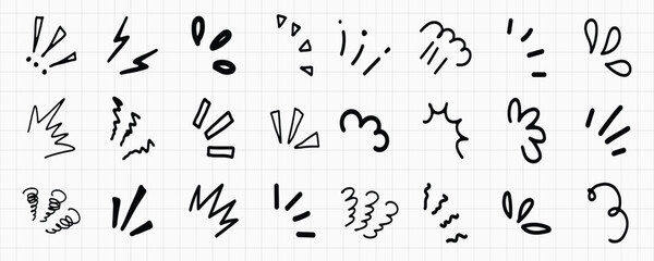 A collection of black hand-drawn doodles on graph paper. Includes exclamation marks, arrows, and squiggles vector set