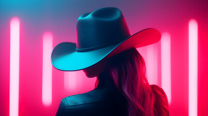 Woman in Cowboy Hat Backlit by Neon Pink and Blue Lights