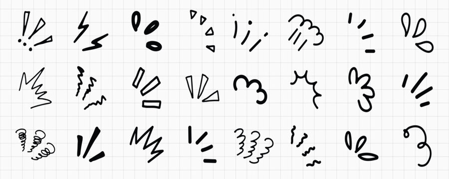A collection of black hand-drawn doodles on graph paper. Includes exclamation marks, arrows, and squiggles vector set