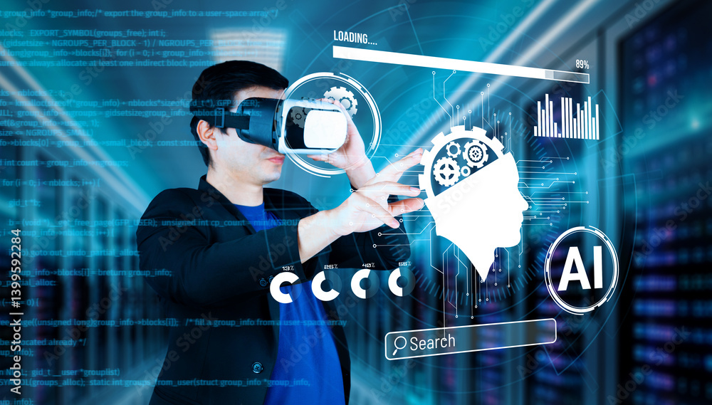 Poster businessman with headset standing at data center while using ai assistance. project manager pointing