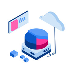 Data Analysis Visualization Isometric illustration of line graphs and a 3D pie chart with server racks. Conveys data complexity, insight. Perfect for tech blogs, data science visuals