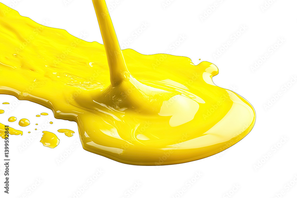 Poster a vibrant yellow paint is being poured creating a smooth glossy surface that spreads across a white 