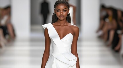 37. A runway model in a structured, all-white asymmetrical dress