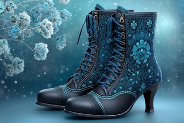 A winter witch boot rimmed in frost and snowflake-patterned leather