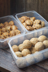 Traditional Malay Kuih Kacang Hijau Also Known as Kuih Kasturi and Kuih Bom Bijan Fried Sesame Balls 