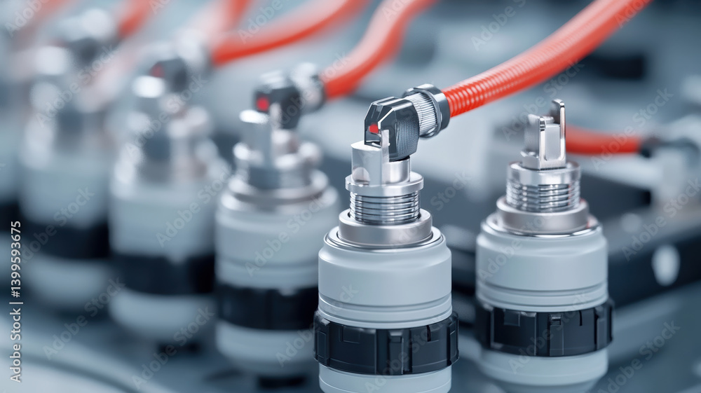 Aufkleber high quality image showcasing start concept of industrial connectors with red hoses attached, emphas
