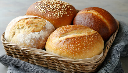 Various freshly baked bread loaves on grey table, close-up