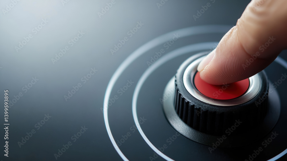 Aufkleber finger is poised to press red button on sleek control panel, illustrating concept of interaction and