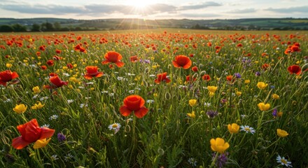 Obraz premium Stunning Sunset over a Vibrant Wildflower Meadow in England, showcasing Red Poppies and Yellow Buttercups