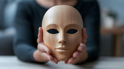 Woman Removing a Light Brown Wooden Mask from Her Face