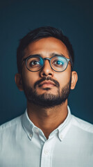 Obraz premium Intense Gaze of a Thoughtful Man: A portrait captures a man with glasses, emanating a thoughtful expression against a dark blue backdrop, The image captures the essence of intellect and contemplation.