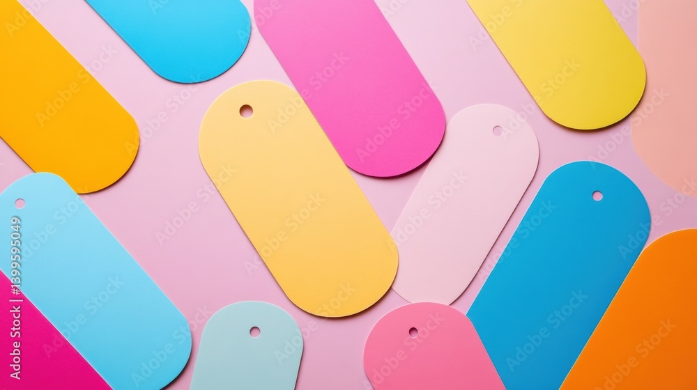 Aufkleber Colorful minimalist label stickers in various shapes on a pastel background with empty spaces for personalized text