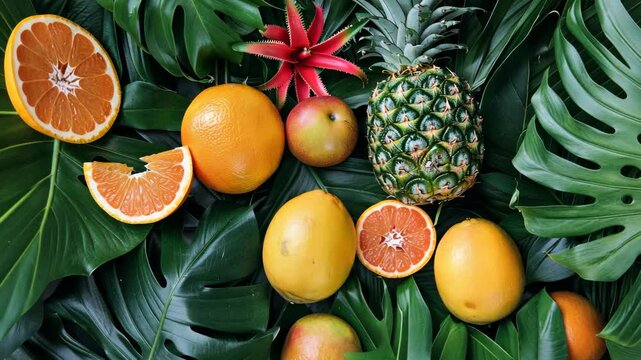 vibrant tropical fruits and leaves for summer