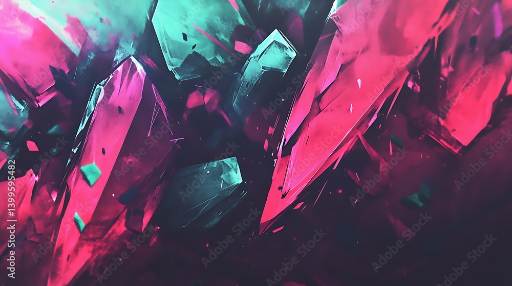 Poster abstract shattered crystal explosion. vibrant, geometric shards of vibrant colors collide in a dynam