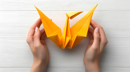 Woman's Hands Gently Holding a Yellow Origami Crane on White Wooden Surface