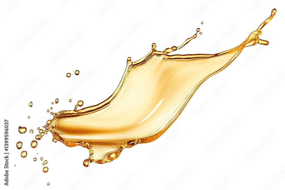 Poster dynamic splash of golden liquid showcasing its fluid motion and vibrant color against a white backgr