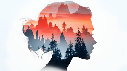 Woman Silhouette Double Exposure with Misty Mountain Landscape at Sunset
