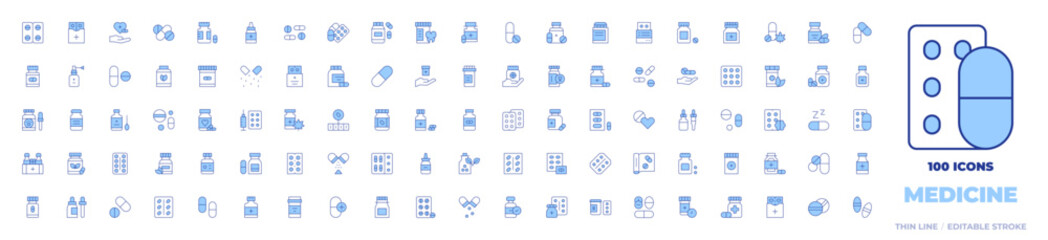 100 Medicine Icons Collection. Line Duotone style, editable stroke. medicine, pills, vitamins, antibiotic, nasal spray, approve, pill, tablet, homeopathy, capsules