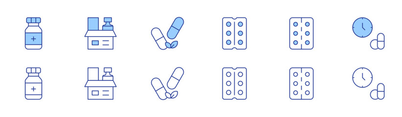 Medicine icon set in two styles, Duotone and Thin Line style. Editable stroke. medicine, pill, pills