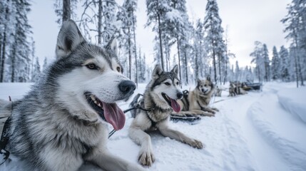 A pack of huskies resting after a long run, coats ruffled, panting softly - pet calm canines