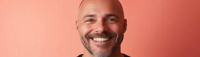 Fototapeta premium Confident Smile in Warm Tones: a portrait of a well-groomed man, a radiating, happy expression against a warm, inviting background