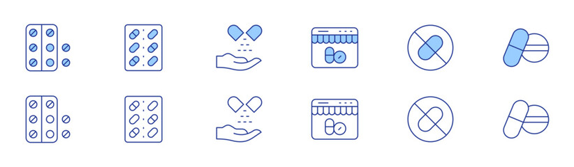 Medicine icon set in two styles, Duotone and Thin Line style. Editable stroke. tablet, online pharmacy, pills, no drugs, alternative medicine, medicine