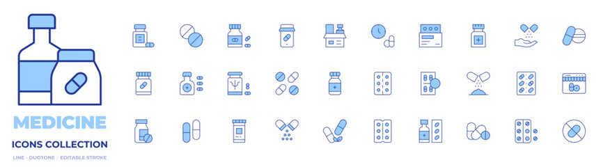 Medicine icons collection. Line Duotone style, editable stroke. medicine, capsules, capsule, pill, tablet, online pharmacy, pills, no drugs, multivitamin