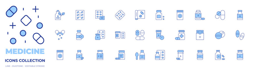 Medicine icons collection. Line Duotone style, editable stroke. medicine, approve, homeopathy, natural medicine, medicament, pills, natural, syrup, drugs, pill