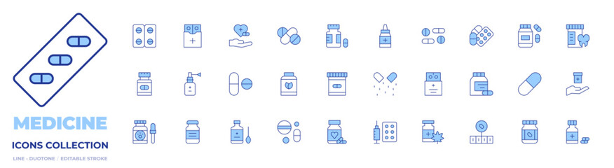 Medicine icons collection. Line Duotone style, editable stroke. medicine, drug, syrup, pills, vial, vegan, nasal spray, treatment, capsule, drugs, medicines