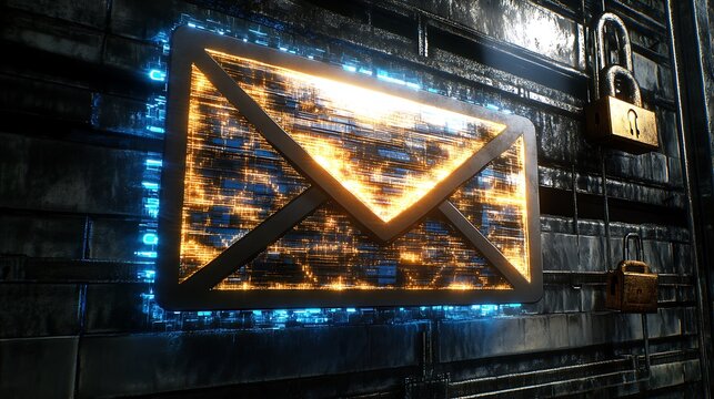 Secure email interface.  Email icon embedded within a secure server.  Digital, futuristic design with glowing lights.  Firewall, encryption, privacy, protection