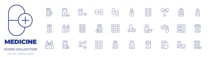 Medicine icons collection. Thin Line icons, editable stroke. medicine, vitamins, dropper, nasal spray, tablet, pills, pill