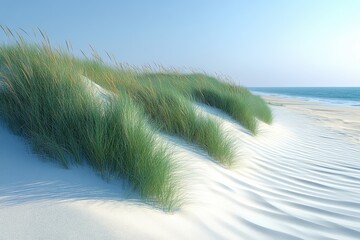 Beach dunes under a serene blue sky, sand ripples and grass tufts create a peaceful seascape