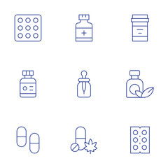 Medicine icons set. Thin Line style, editable stroke. medicine, dropper, pills