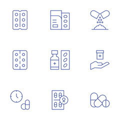 Medicine icons set. Thin Line style, editable stroke. medicine, drug, pill, pills