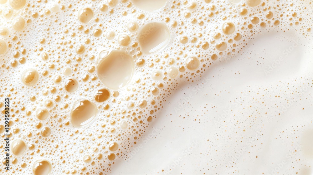 Poster close-up of frothy beverage surface with bubbles, showcasing creamy texture and inviting appearance.