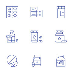 Medicine icons set. Thin Line style, editable stroke. pills, medicine, supplement