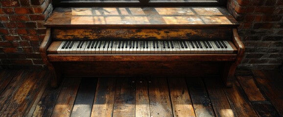 Old wooden piano against a brick wall, light from a window above. Keys, vintage, antique, worn