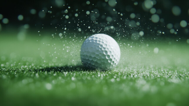 close up shot of golf ball on grassy surface, surrounded by droplets of water, creating dynamic and refreshing atmosphere. ball appears to be in motion, enhancing excitement of scene