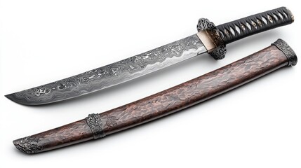Traditional Japanese sword and scabbard.  Detailed, high-quality image of a katana with intricate details on the blade and scabbard.  