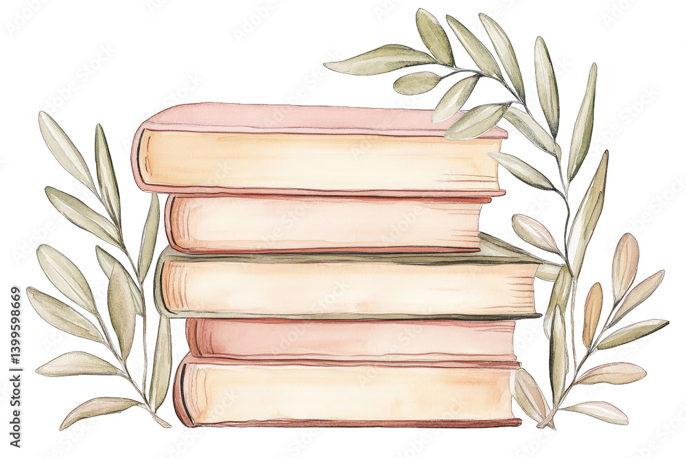 Poster stack of five books with soft pastel-colored covers surrounded by delicate leaves creating a serene 
