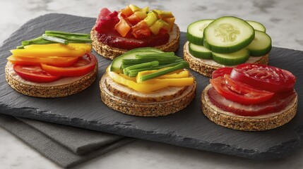Mini turkey burgers on whole grain crackers with assorted colorful veggies - small grain crackers turkey burger