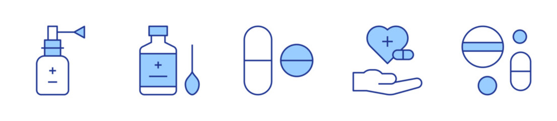 syrup, pills, nasal spray, treatment. Medicine Icon vector illustration. Line Duotone style. Editable stroke