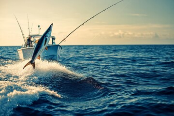 Obraz premium Big Game Fishing Jumping Tuna with Boat and Fishing Rods